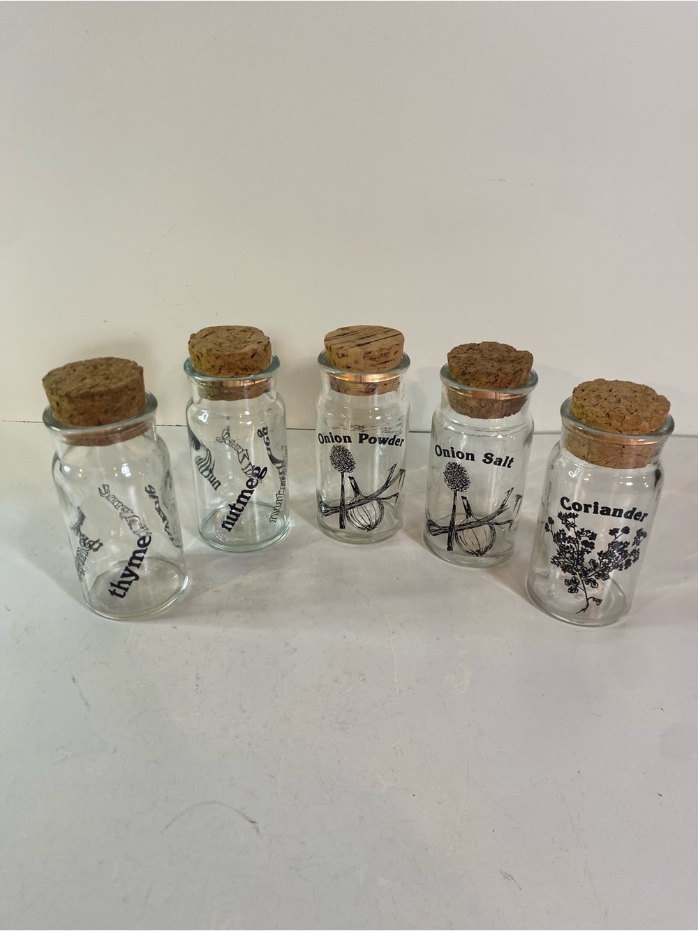 Vintage Set Of 5 Wheaton Spice Jars Glass Bottles with Cork Tops